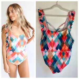 NWT Davi & Dani The Octavia Ruffle Detail One Piece in Pink Combo Diamond 3XL